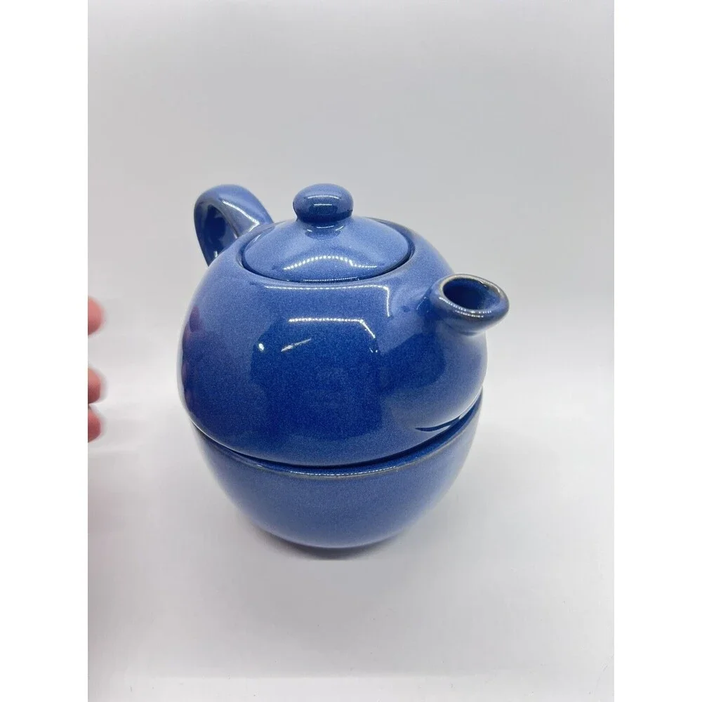 Blue PIER 1 Stoneware Teapot W/Mug Set ~ Stackable 3 Piece Set